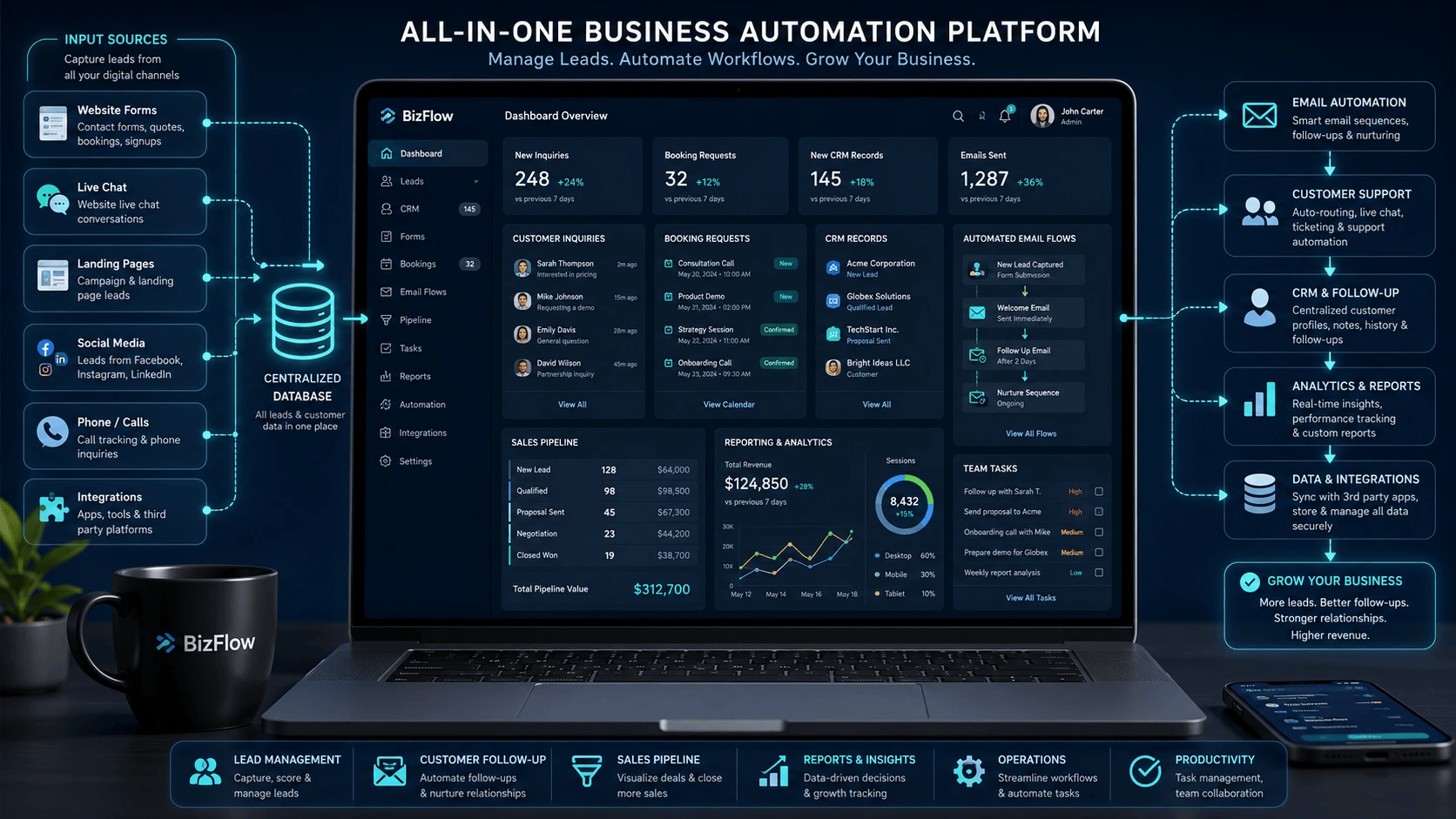 All-in-one business automation dashboard connecting website forms, CRM, bookings, email workflows, analytics and customer support