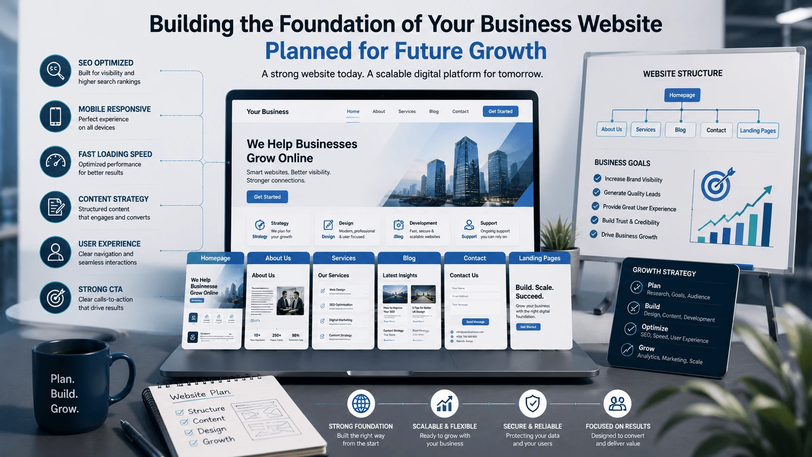 Business website foundation showing SEO, responsive design, content strategy, website structure and future growth planning