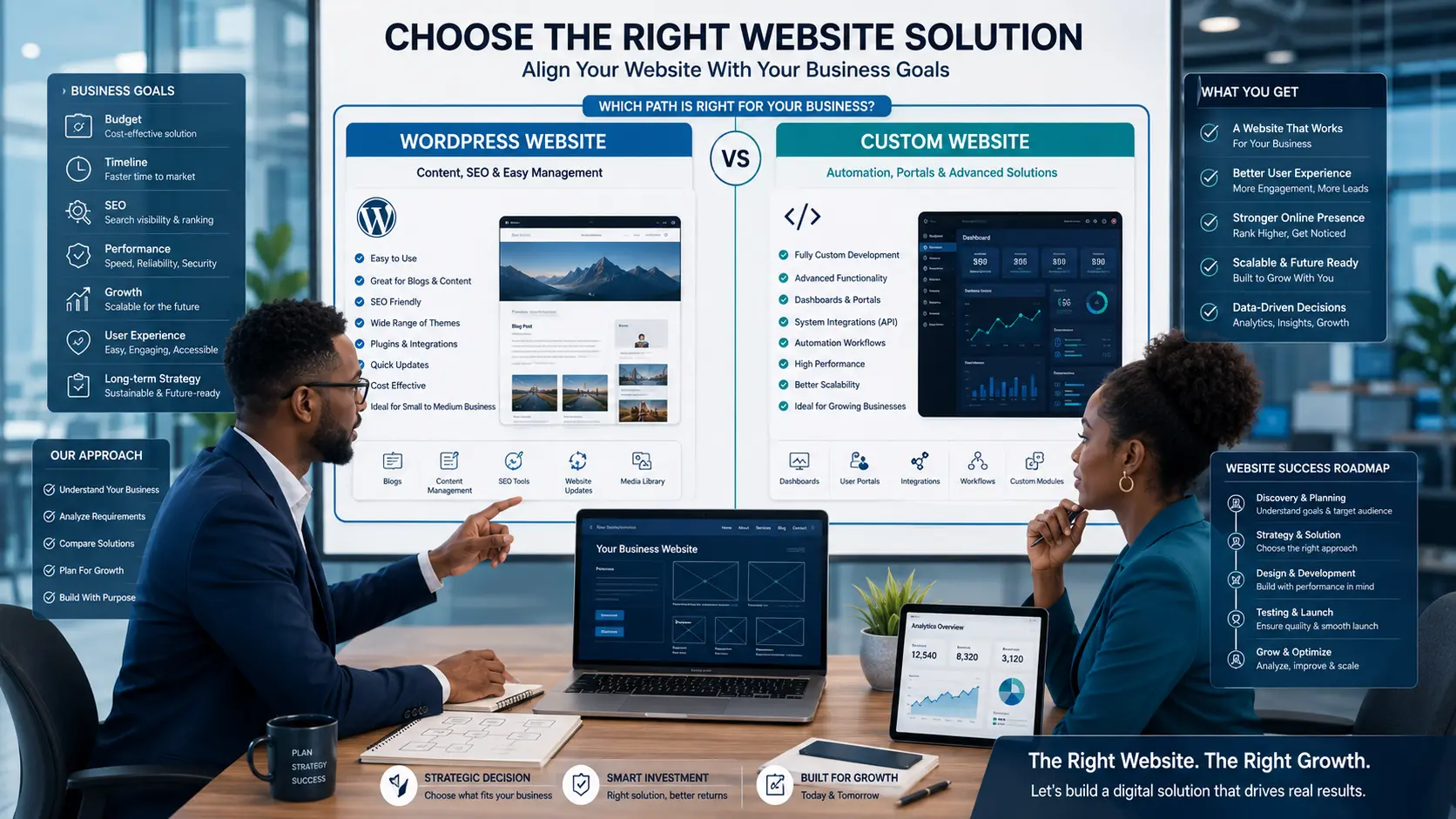 Business website strategy consultation comparing WordPress and custom website solutions based on goals, budget, SEO, performance and growth