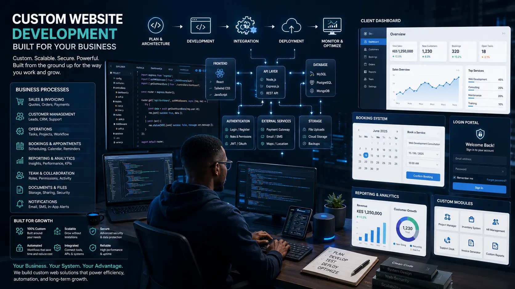 Custom website architecture connecting frontend development, APIs, databases, authentication, dashboards, bookings and business processes