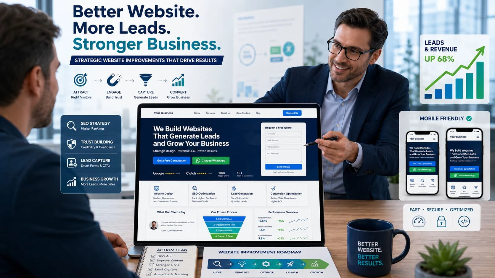 Business consultation showing strategic website improvements for SEO, trust, lead capture, conversion and growth