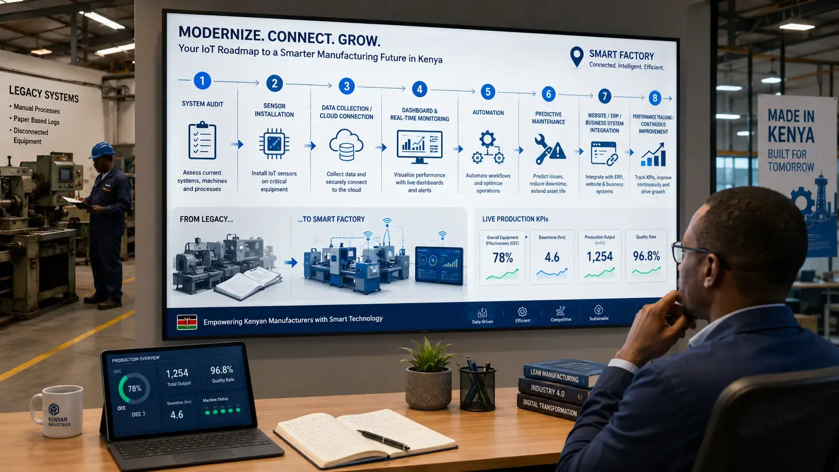 Step-by-step IoT modernization roadmap from legacy manufacturing systems to sensors, cloud dashboards, automation and predictive maintenance