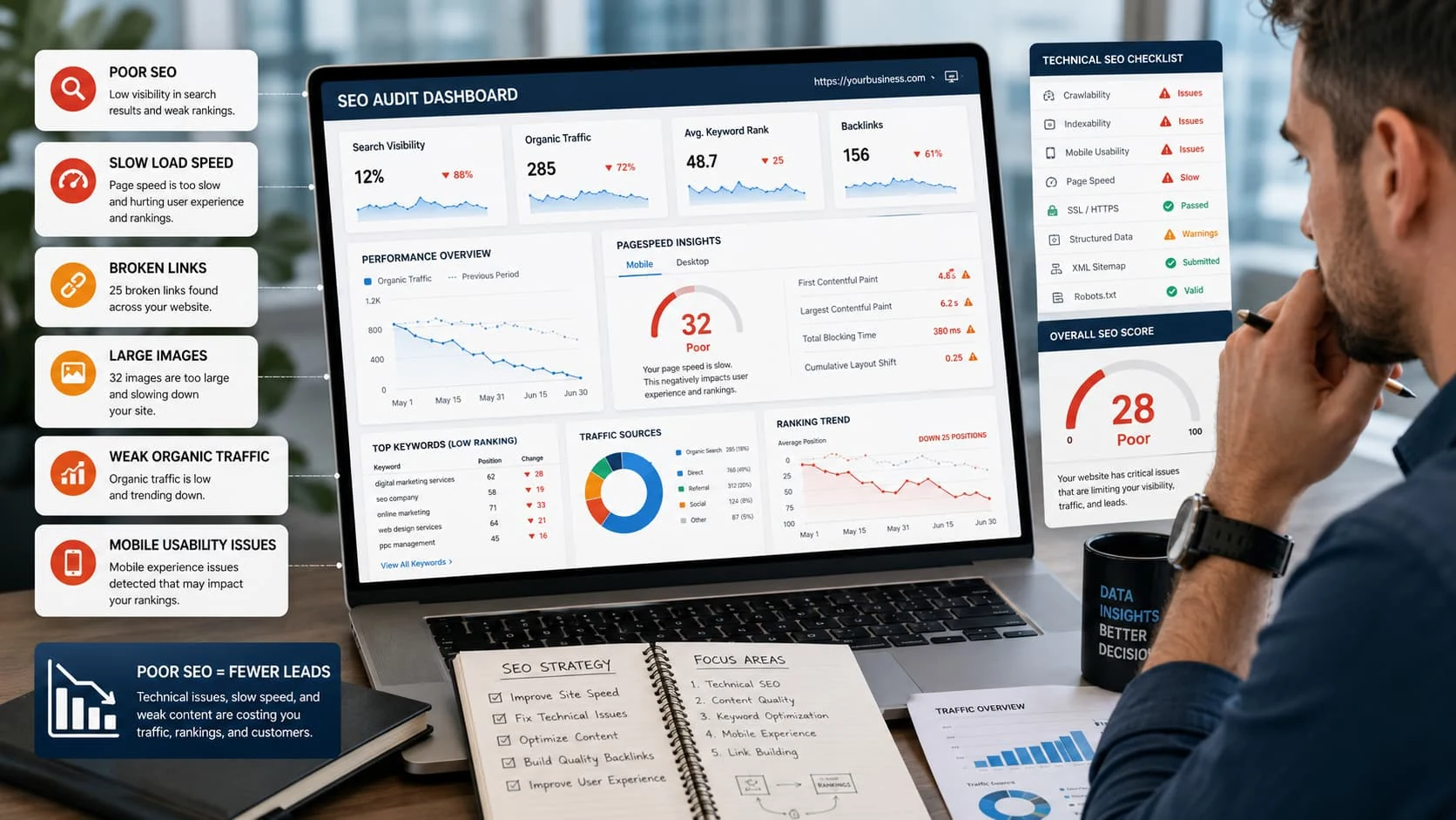 SEO audit dashboard showing poor search visibility, slow load speed, broken links, large images and mobile usability problems