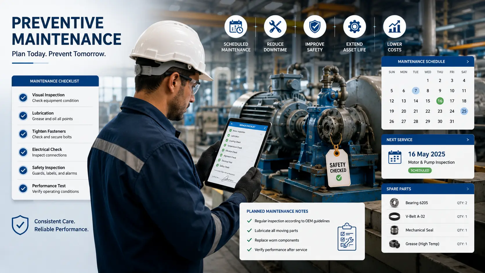 Preventive maintenance schedule and industrial equipment inspection