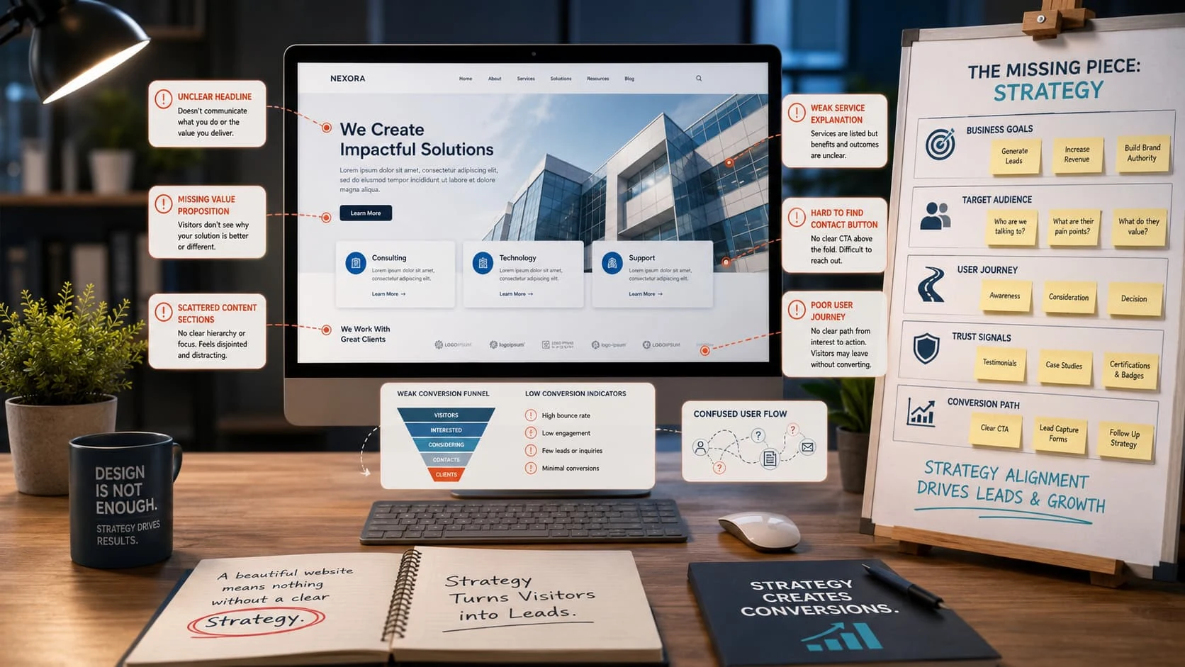 Website review showing unclear headline, missing value proposition, scattered content, weak calls to action and missing conversion strategy