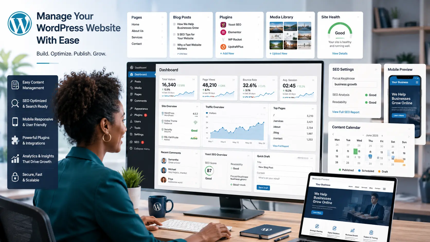 WordPress website dashboard showing pages, blog posts, plugins, media library, SEO settings, analytics and mobile preview